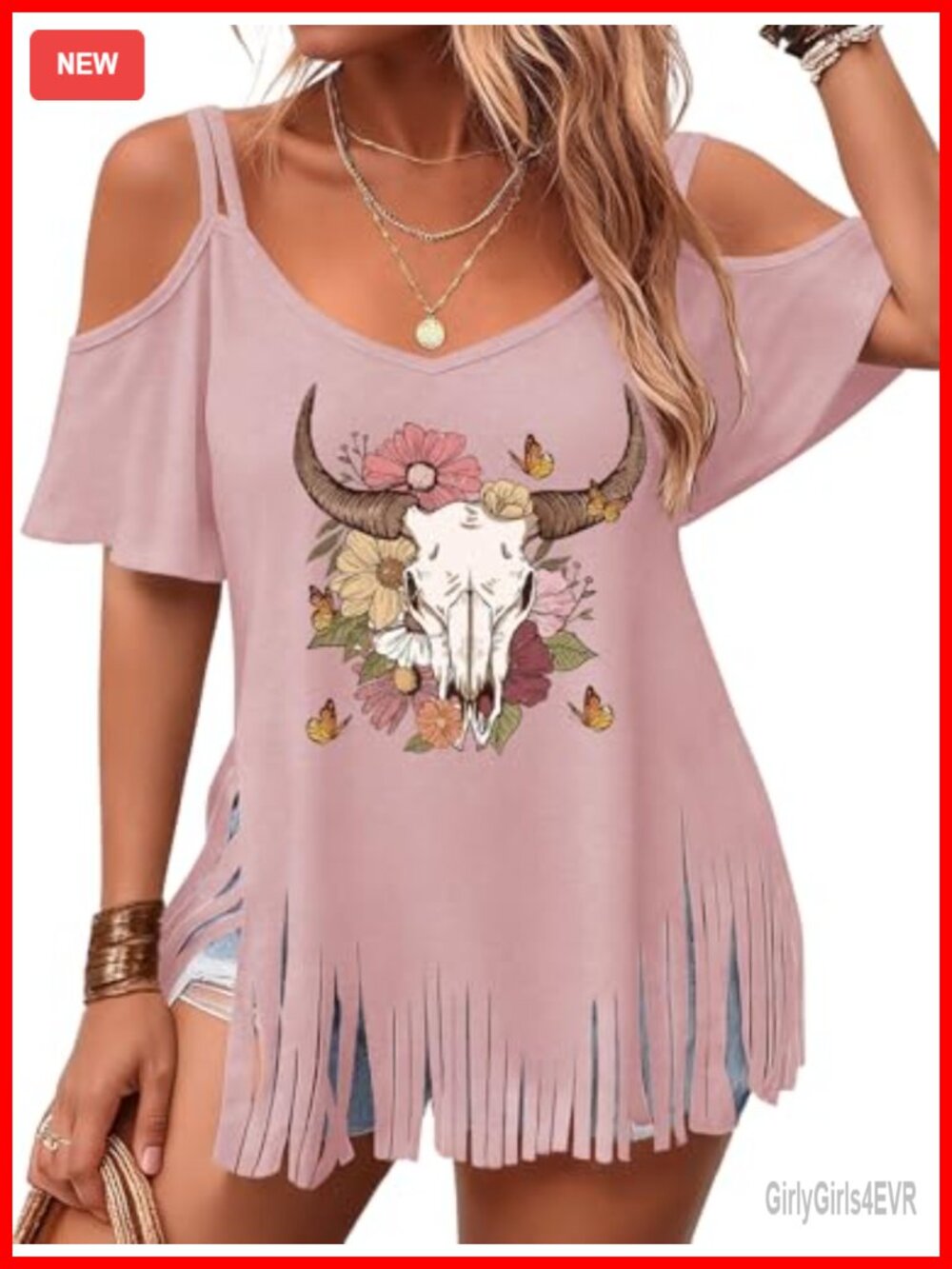 Western Cowgirl Fringe Cold Shoulder V-Neck T-Shirt Short Sleeve